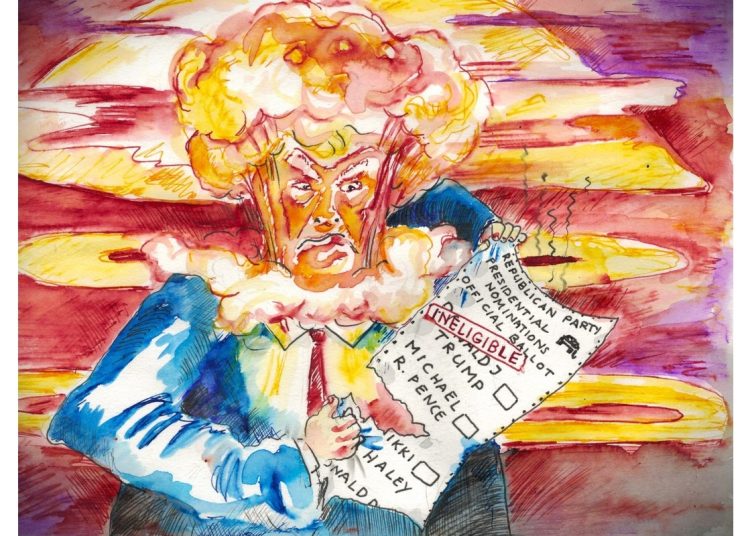 cartoon of Trump ripping up a voting ballot paper