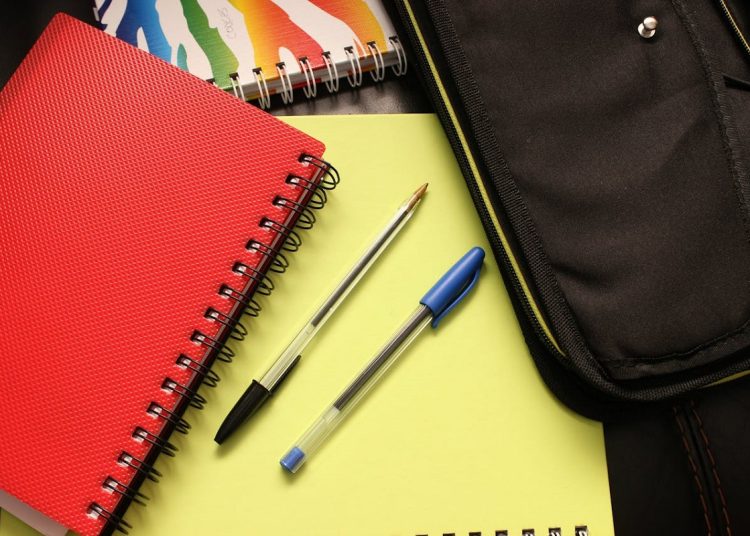 Notebooks with ringband, in different colours, two pens and a bag