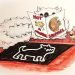 Whimsical cartoon: a white dog silhouette on a black rug, with a 'Not a Squirrel' book showing a squirrel and a chipmunk, and a small cartoon character nearby on a red background.