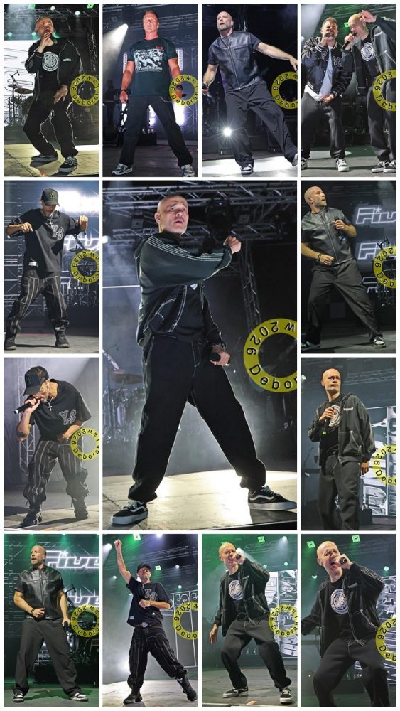 Five: men in dark clothes on stage singing at Trentham Live