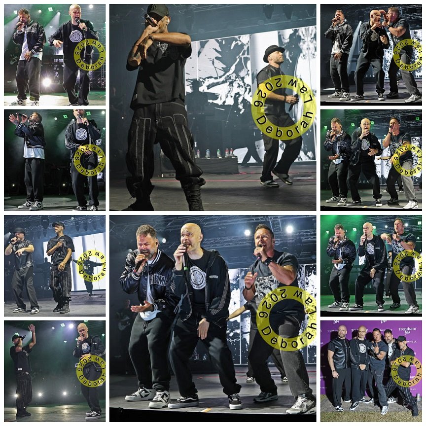 Five: men in dark clothes on stage singing at Trentham Live